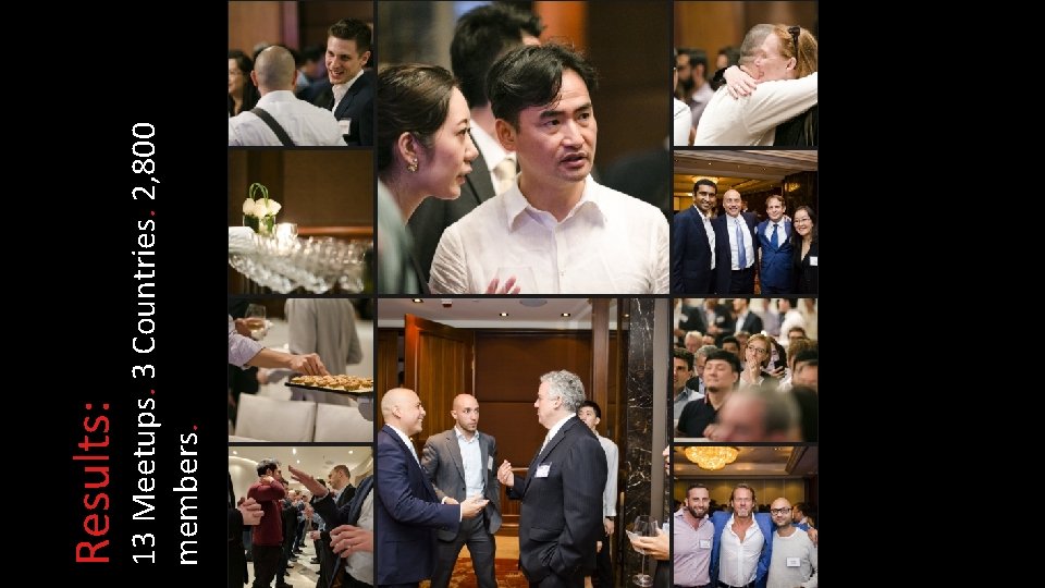  13 Meetups. 3 Countries. 2, 800 members. Results: 