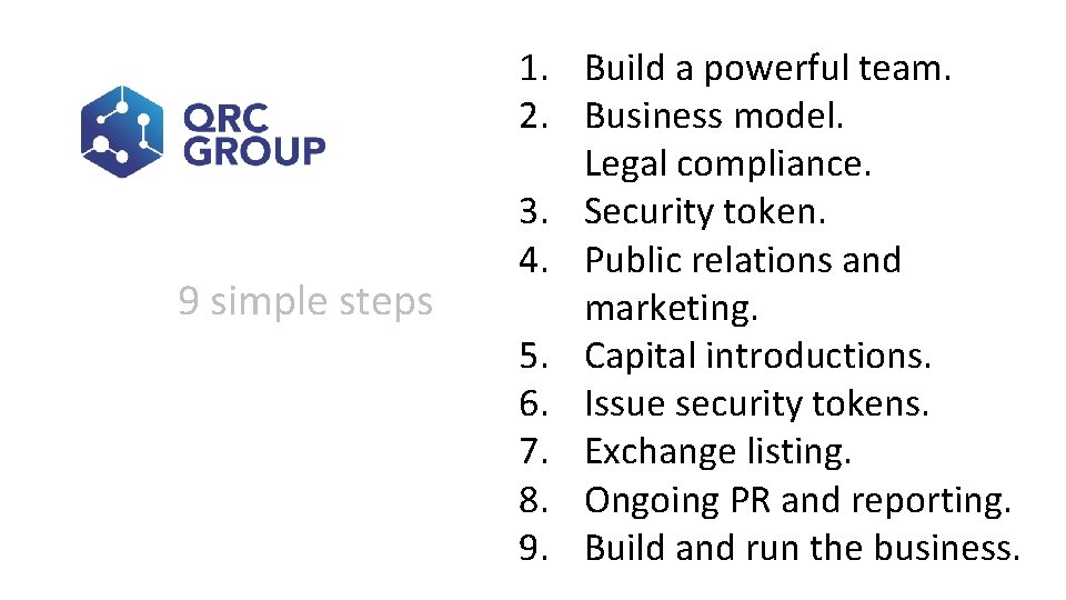 9 simple steps 1. Build a powerful team. 2. Business model. Legal compliance. 3.
