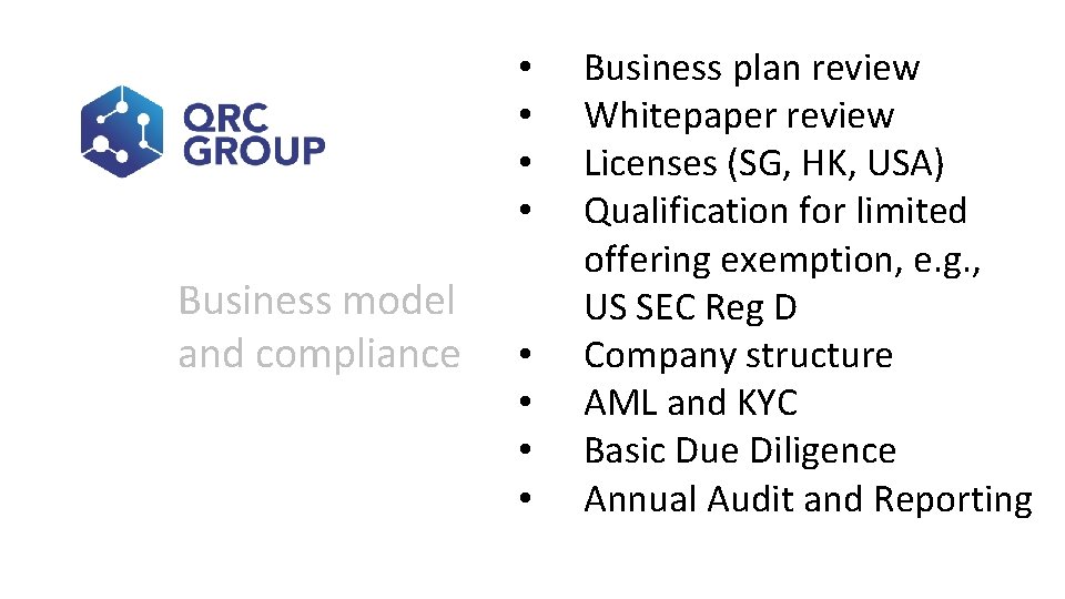  • • Business model and compliance • • Business plan review Whitepaper review
