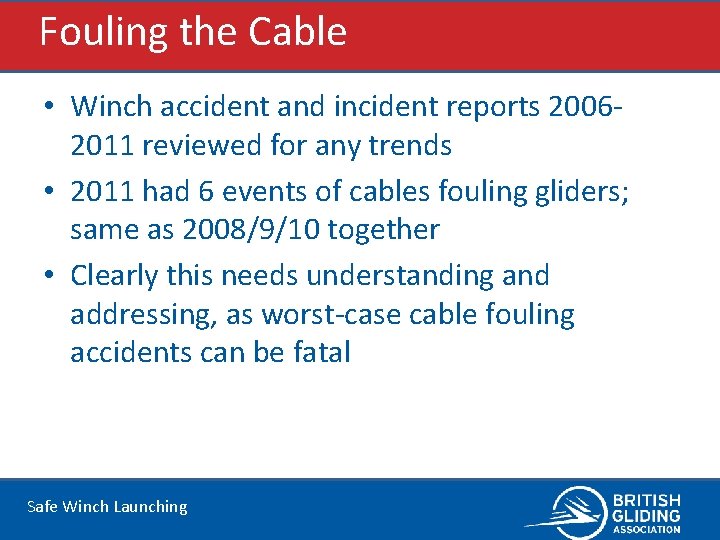 Fouling the Cable • Winch accident and incident reports 20062011 reviewed for any trends