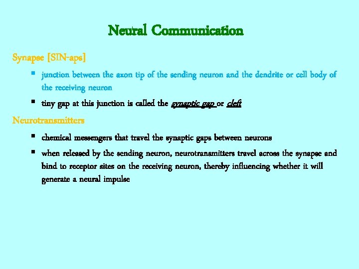 Neural Communication Synapse [SIN-aps] § junction between the axon tip of the sending neuron