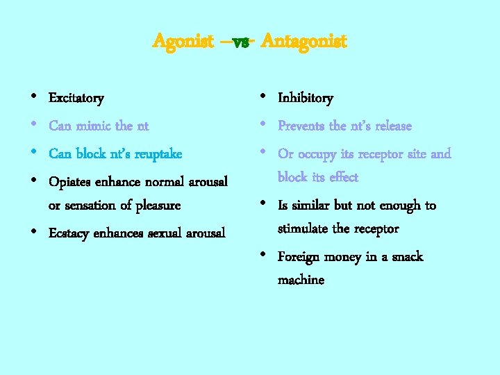 Agonist –vs- Antagonist • • Excitatory Can mimic the nt Can block nt’s reuptake
