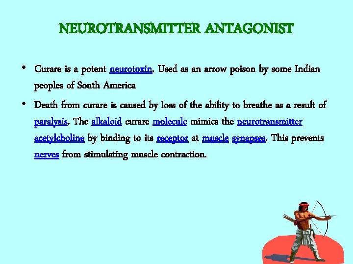 NEUROTRANSMITTER ANTAGONIST • Curare is a potent neurotoxin. Used as an arrow poison by