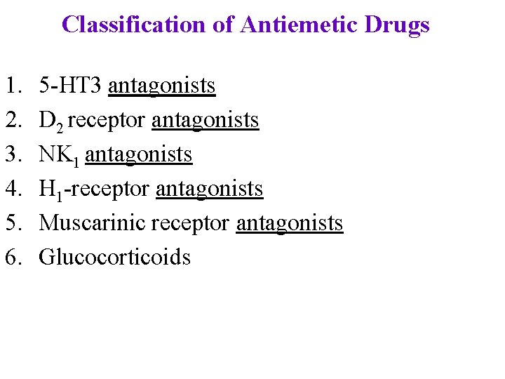 Classification of Antiemetic Drugs 1. 2. 3. 4. 5. 6. 5 -HT 3 antagonists