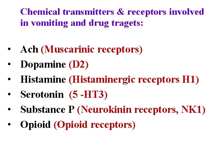 Chemical transmitters & receptors involved in vomiting and drug tragets: • • • Ach