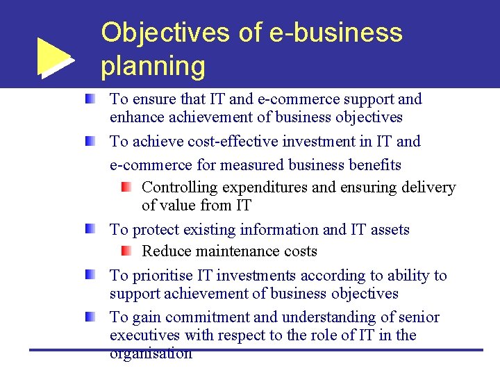 Objectives of e-business planning To ensure that IT and e-commerce support and enhance achievement