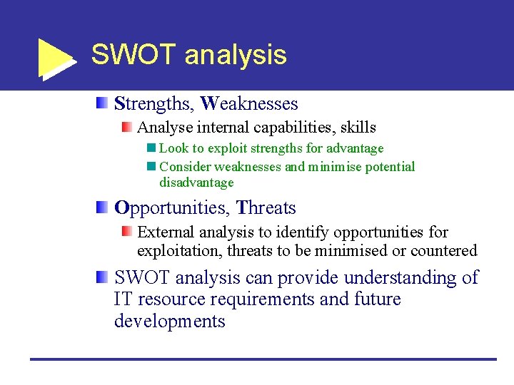 SWOT analysis Strengths, Weaknesses Analyse internal capabilities, skills Look to exploit strengths for advantage