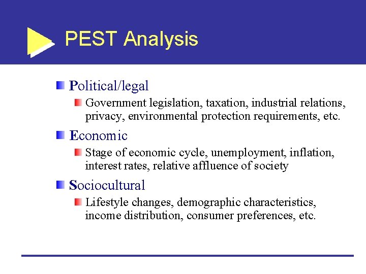 PEST Analysis Political/legal Government legislation, taxation, industrial relations, privacy, environmental protection requirements, etc. Economic