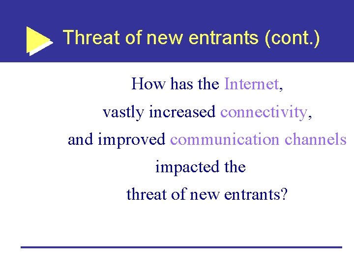 Threat of new entrants (cont. ) How has the Internet, vastly increased connectivity, and