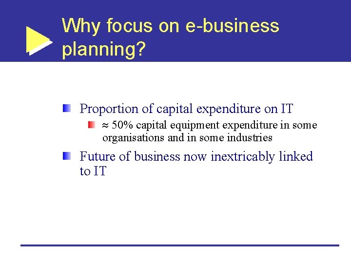 Why focus on e-business planning? Proportion of capital expenditure on IT 50% capital equipment