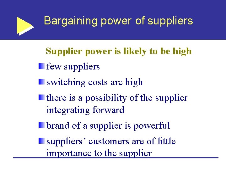 Bargaining power of suppliers Supplier power is likely to be high few suppliers switching