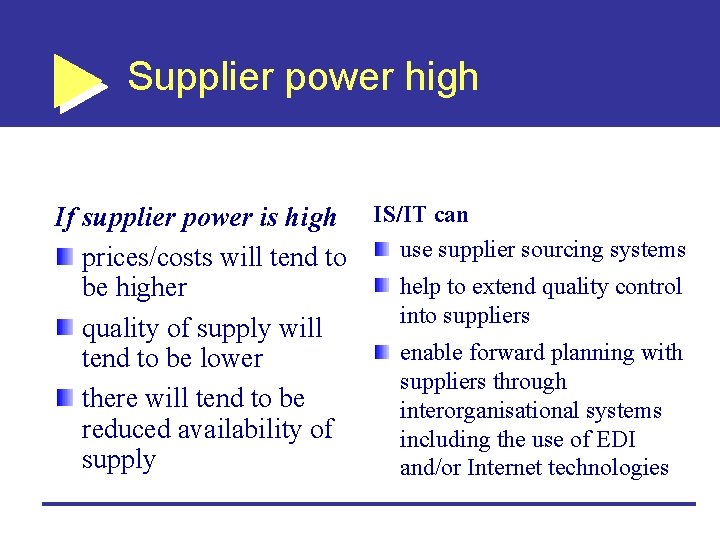 Supplier power high If supplier power is high IS/IT can use supplier sourcing systems