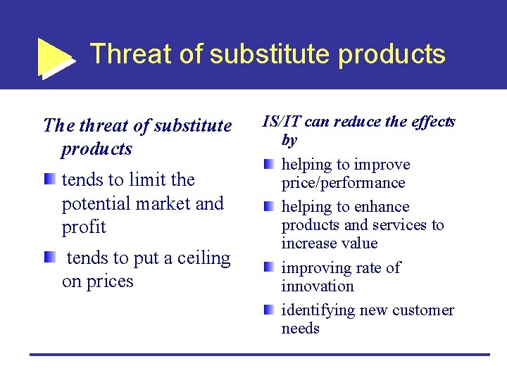 Threat of substitute products The threat of substitute products tends to limit the potential