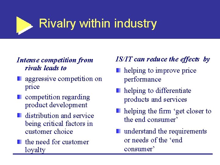 Rivalry within industry Intense competition from rivals leads to aggressive competition on price competition