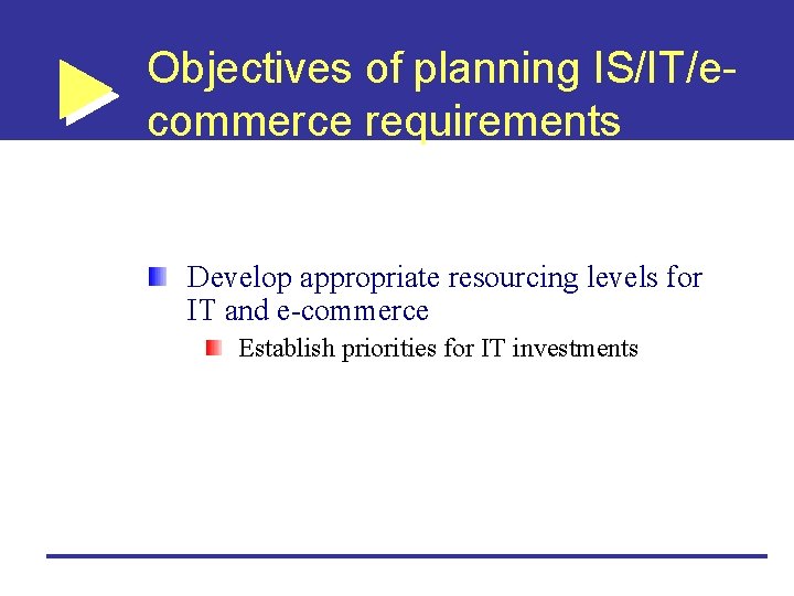 Objectives of planning IS/IT/ecommerce requirements Develop appropriate resourcing levels for IT and e-commerce Establish