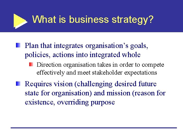 What is business strategy? Plan that integrates organisation’s goals, policies, actions into integrated whole