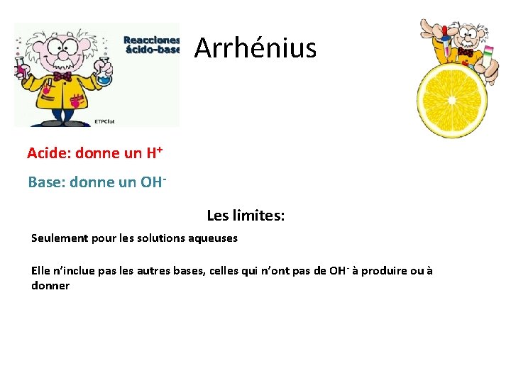 Arrhénius Acide: donne un H+ Base: donne un OHLes limites: Seulement pour les solutions