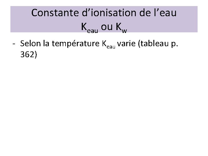 Constante d’ionisation de l’eau Keau ou Kw - Selon la température Keau varie (tableau