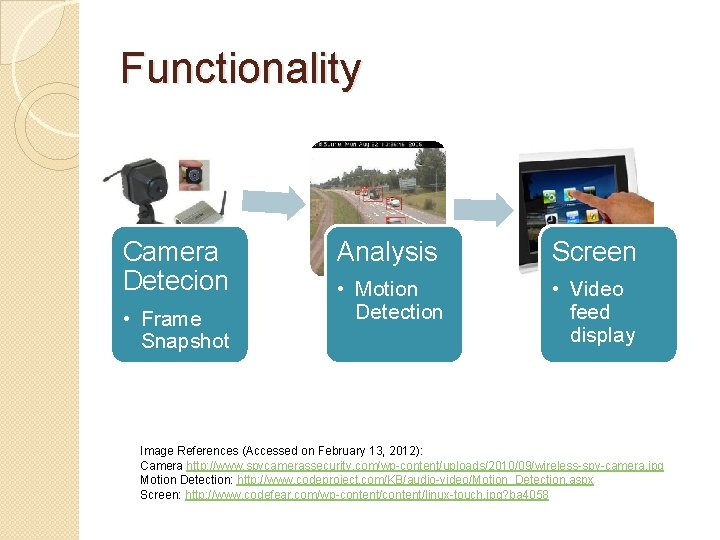 Functionality Camera Detecion • Frame Snapshot Analysis Screen • Motion Detection • Video feed