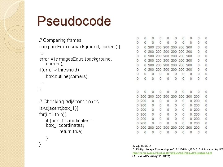 Pseudocode // Comparing frames compare. Frames(background, current) { … error = is. Images. Equal(background,