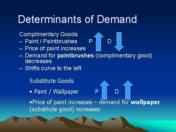 Determinants of Demand Complimentary Goods – Paint / Paintbrushes P D – Price of