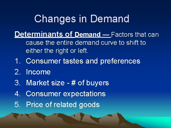 Changes in Demand Determinants of Demand — Factors that can cause the entire demand