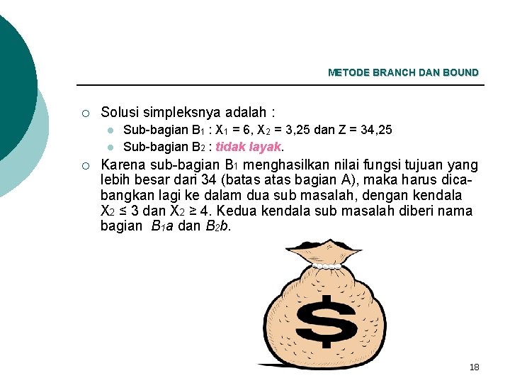 METODE BRANCH DAN BOUND ¡ Solusi simpleksnya adalah : l l ¡ Sub-bagian B