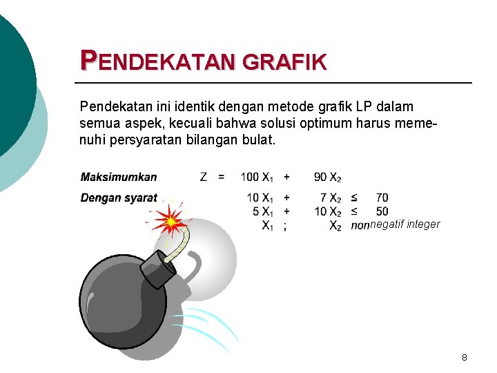 PENDEKATAN GRAFIK Pendekatan ini identik dengan metode grafik LP dalam semua aspek, kecuali bahwa