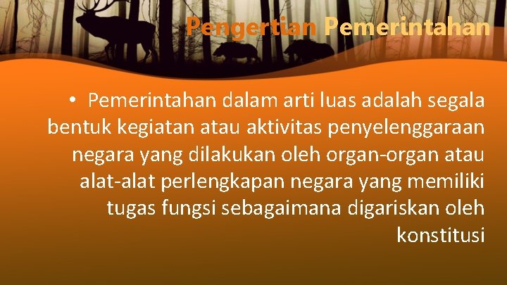 Pengertian Pemerintahan • Pemerintahan dalam arti luas adalah segala bentuk kegiatan atau aktivitas penyelenggaraan