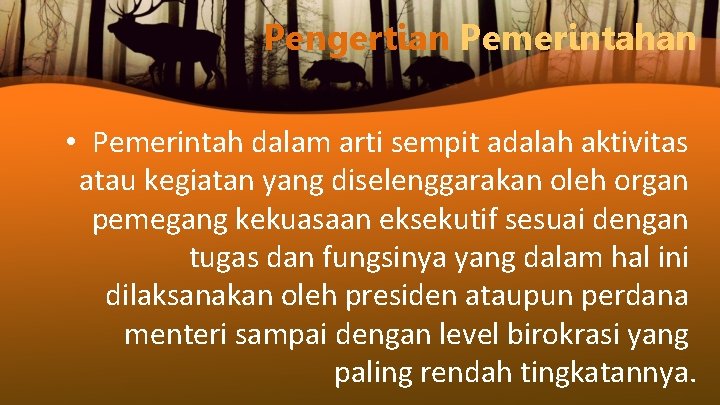 Pengertian Pemerintahan • Pemerintah dalam arti sempit adalah aktivitas atau kegiatan yang diselenggarakan oleh