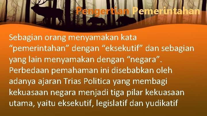 Pengertian Pemerintahan Sebagian orang menyamakan kata “pemerintahan” dengan “eksekutif” dan sebagian yang lain menyamakan