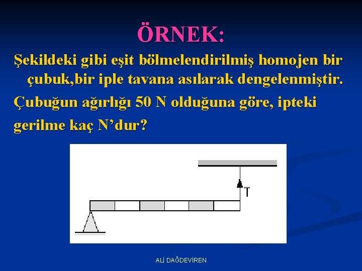 ÖRNEK: Şekildeki gibi eşit bölmelendirilmiş homojen bir çubuk, bir iple tavana asılarak dengelenmiştir. Çubuğun