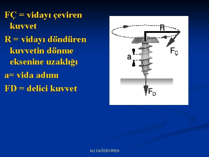  FÇ = vidayı çeviren kuvvet R = vidayı döndüren kuvvetin dönme eksenine uzaklığı