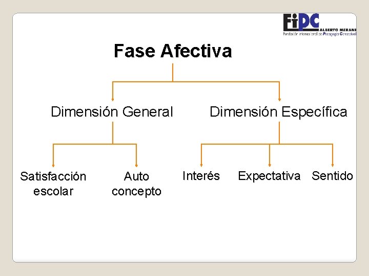 Fase Afectiva Dimensión General Satisfacción escolar Auto concepto Dimensión Específica Interés Expectativa Sentido 