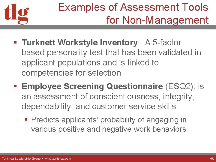 Examples of Assessment Tools for Non-Management § Turknett Workstyle Inventory: A 5 -factor based