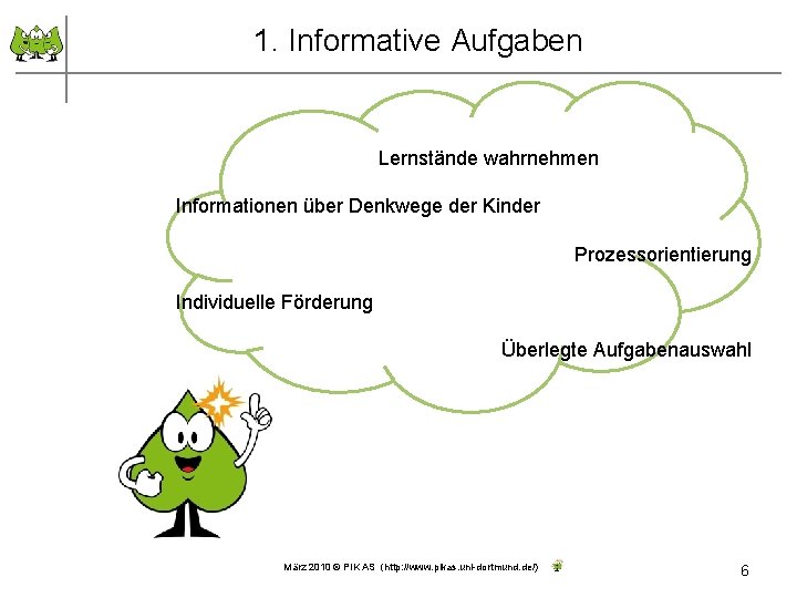 1. Informative Aufgaben Lernstände wahrnehmen Informationen über Denkwege der Kinder Prozessorientierung Individuelle Förderung Überlegte