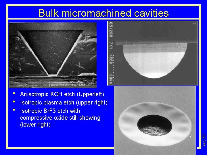 Bulk micromachined cavities Anisotropic KOH etch (Upperleft) Isotropic plasma etch (upper right) Isotropic Br.