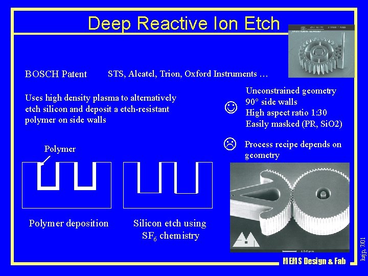 Deep Reactive Ion Etch STS, Alcatel, Trion, Oxford Instruments … Uses high density plasma