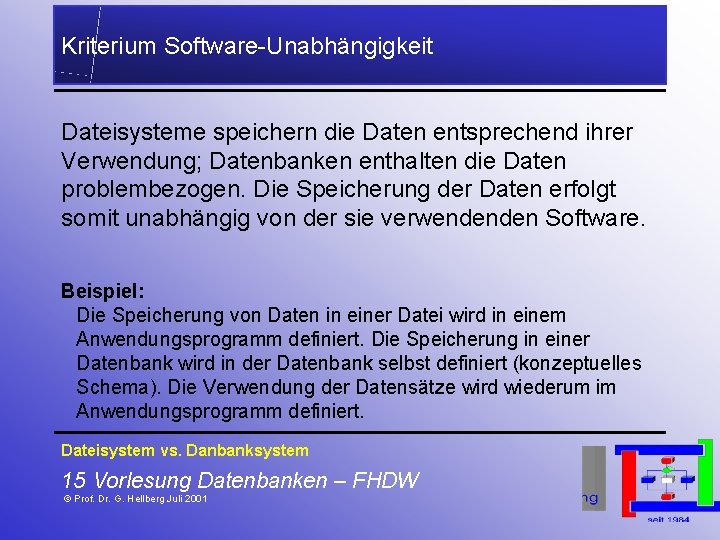 Kriterium Software-Unabhängigkeit Dateisysteme speichern die Daten entsprechend ihrer Verwendung; Datenbanken enthalten die Daten problembezogen.