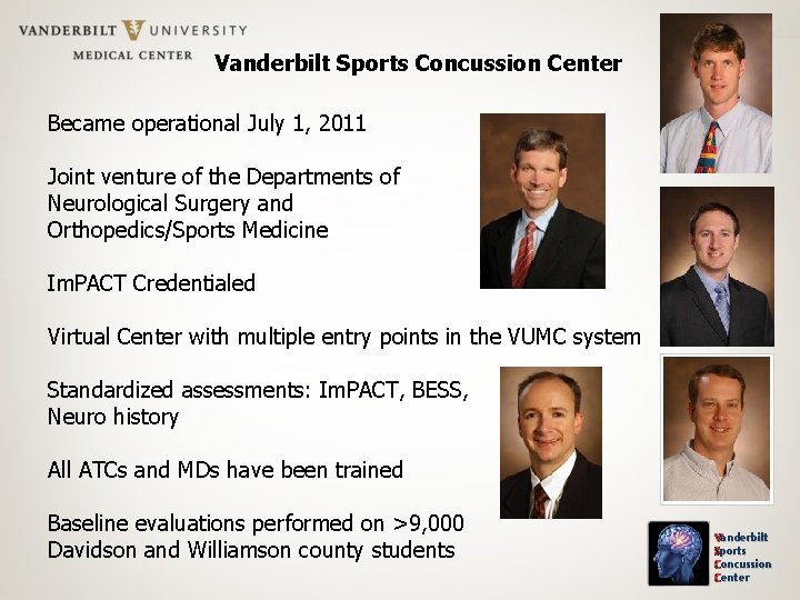  Vanderbilt Sports Concussion Center Became operational July 1, 2011 Joint venture of the