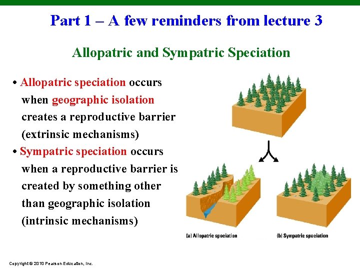 Part 1 – A few reminders from lecture 3 Allopatric and Sympatric Speciation •