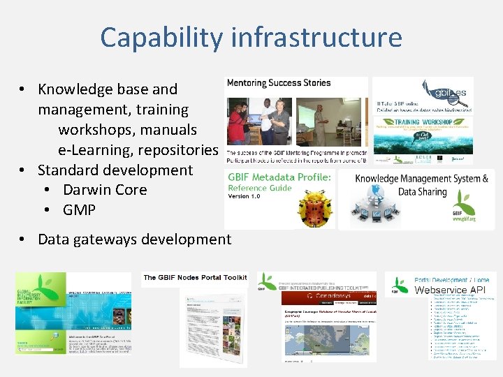 Capability infrastructure • Knowledge base and management, training workshops, manuals e‐Learning, repositories • Standard