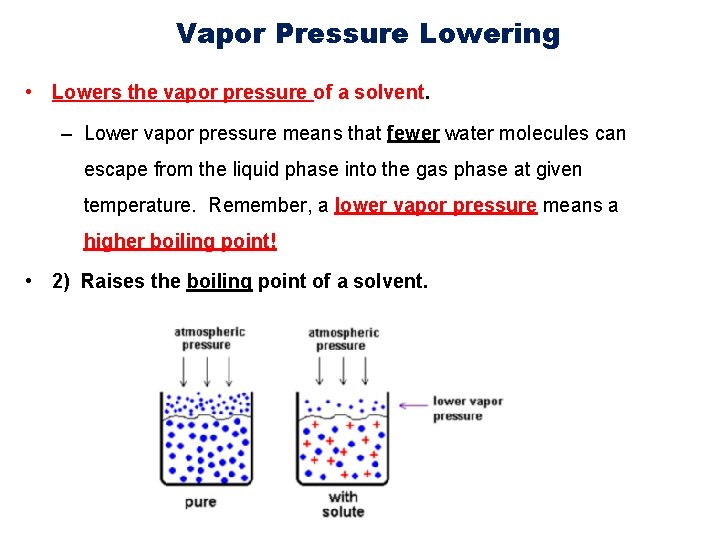 Vapor Pressure Lowering • Lowers the vapor pressure of a solvent. – Lower vapor
