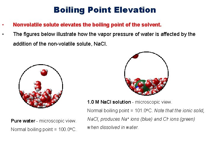 Boiling Point Elevation • Nonvolatile solute elevates the boiling point of the solvent. •