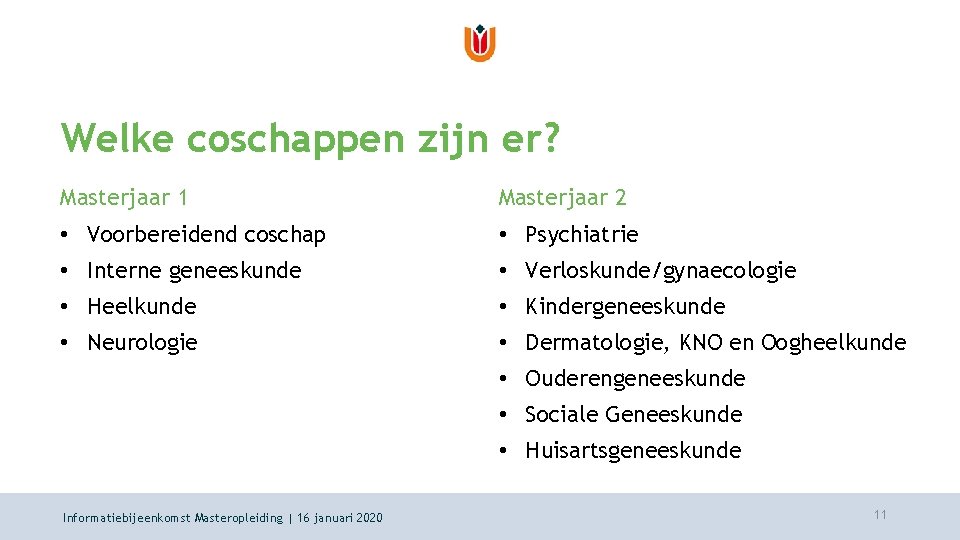 Welke coschappen zijn er? Masterjaar 1 Masterjaar 2 • Voorbereidend coschap • Psychiatrie •