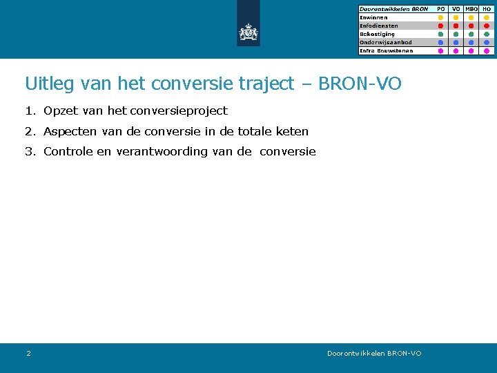 Uitleg van het conversie traject – BRON-VO 1. Opzet van het conversieproject 2. Aspecten