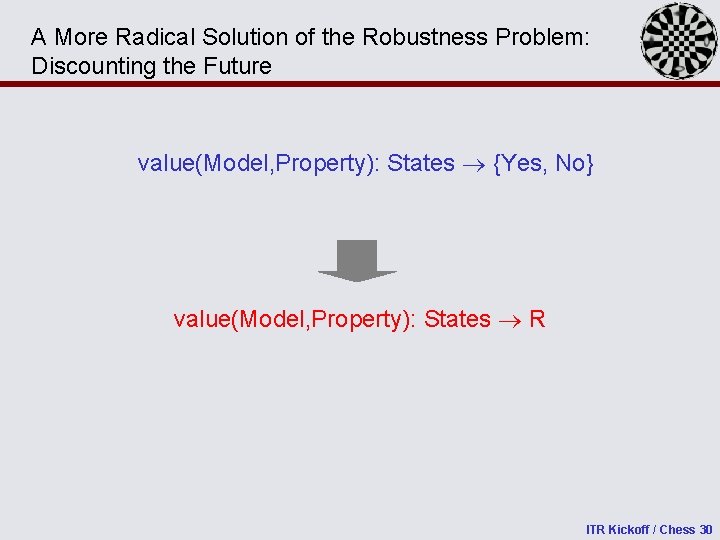 A More Radical Solution of the Robustness Problem: Discounting the Future value(Model, Property): States