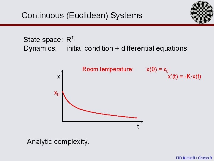 Continuous (Euclidean) Systems State space: Rn Dynamics: initial condition + differential equations Room temperature: