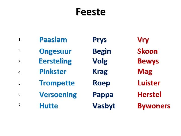 Feeste 1. 2. 3. 4. 5. 6. 7. Paaslam Ongesuur Eersteling Pinkster Trompette Versoening