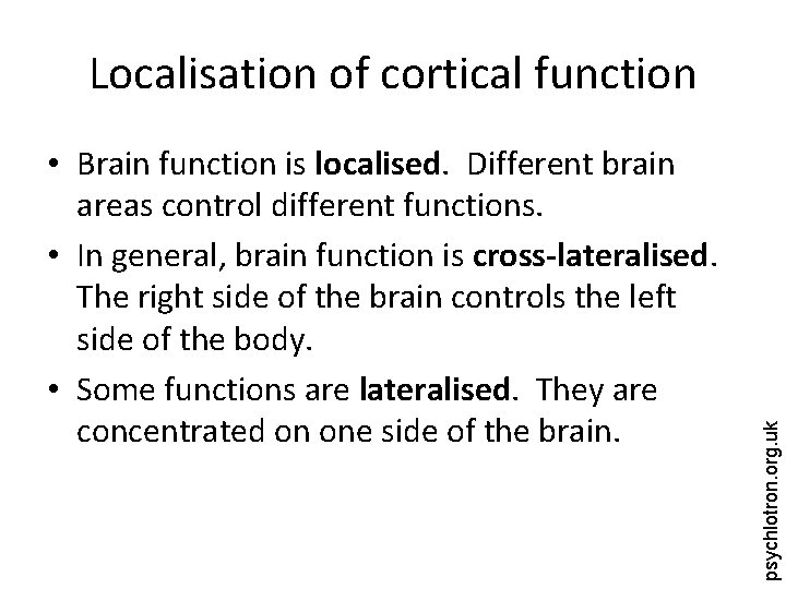  • Brain function is localised. Different brain areas control different functions. • In